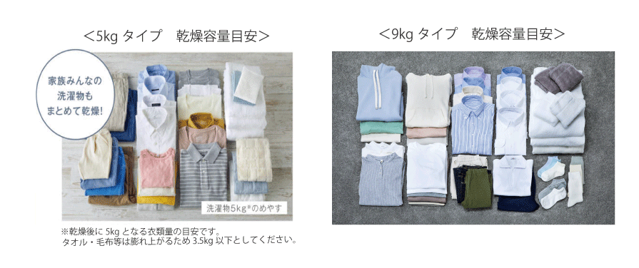 5kgタイプ 9kgタイプ 乾燥容量目安